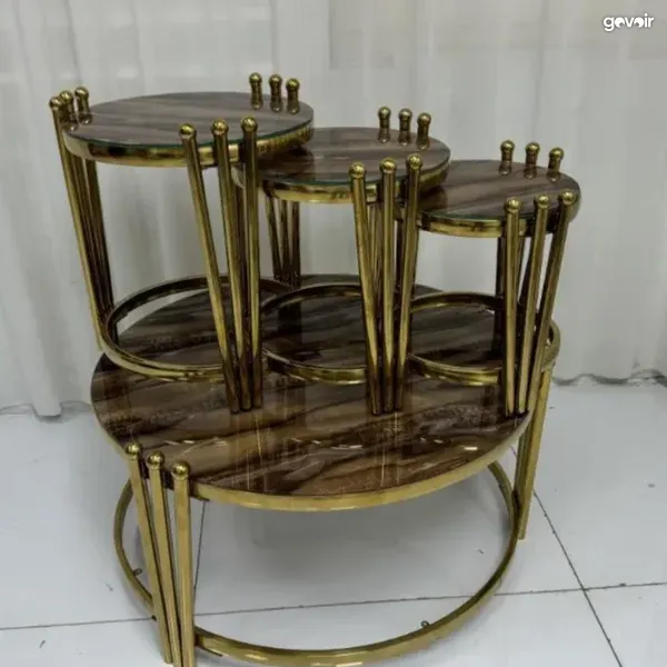Gold nesting table set, marble-style top, 1